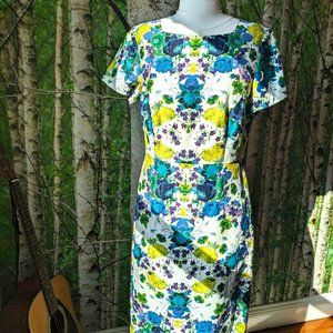 Talbots Mirrored Floral Print Fitted Linen Sheath Dress